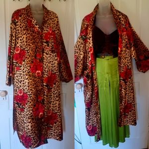 RADADIC Silky Brown Leopard Print Robe Kimono Red Floral Detail Maxi  3X